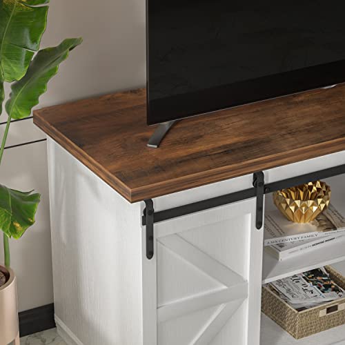Modern White TV Stand for 65 Inch TV with Storage Cabinets and Sliding Barn Doors
