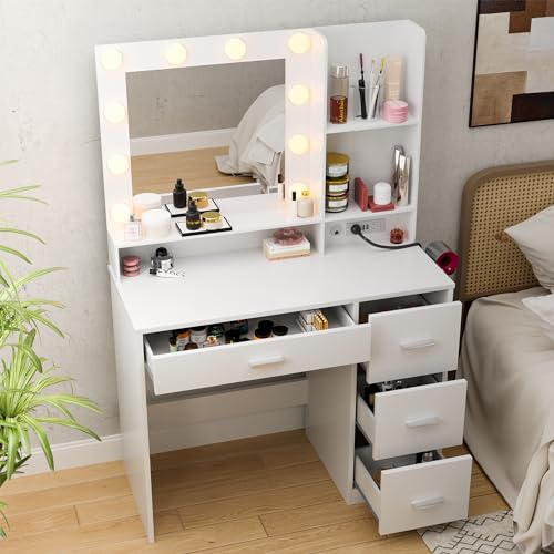 LED Lighted Vanity Desk with Drawers & Shelves