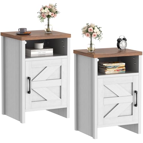 Modern Farmhouse Nightstand with Barn Door and Shelf for Bedroom/Living Room (Set of 2, White)