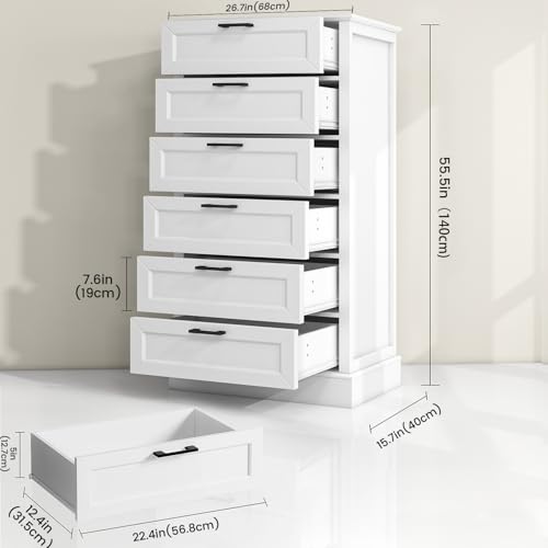 55 Inch Tall White 6 Drawer Dresser for Bedroom and Living Room