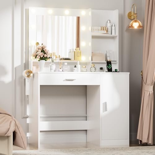 Makeup Vanity Desk with Mirror, Lights, Drawers, and Cabinet for Bedroom Dressing Room (White)