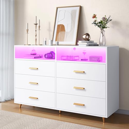 White LED Dresser for Bedroom, 6-Drawer Wood Chest of Drawers