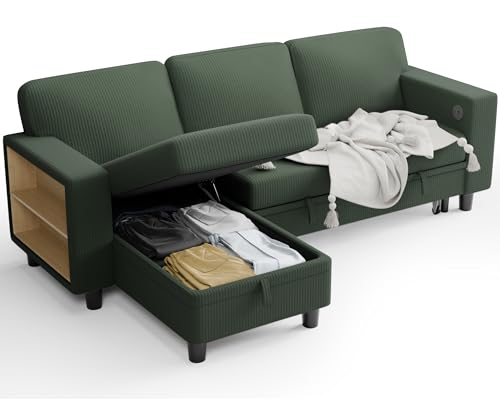Green Sleeper Sofa Bed with Storage Chaise & USB Ports