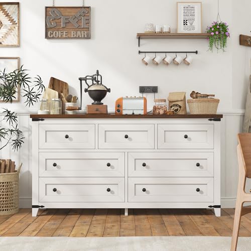 White Farmhouse Style Bedroom Wood Dresser, 7 Drawers