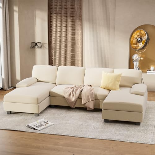 Modern White Sectional Sofa Set for Living Room with Double Chaise and Memory Foam