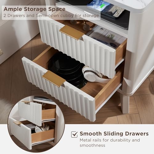 Elegant Modern Nightstand with Charging Station and Marble Top