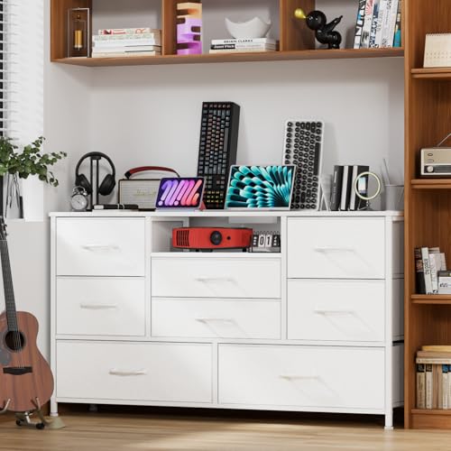 White Dresser with Power Outlet for 55 TV Stand & 8 Drawers - Ideal for Bedroom, Living Room, Entryway, Hallway, or Closet