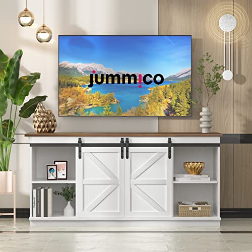 Modern White TV Stand for 65 Inch TV with Storage Cabinets and Sliding Barn Doors