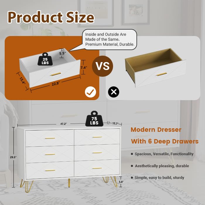 Modern White Dresser with 6 Drawers and Gold Handles for Bedroom and Living Room