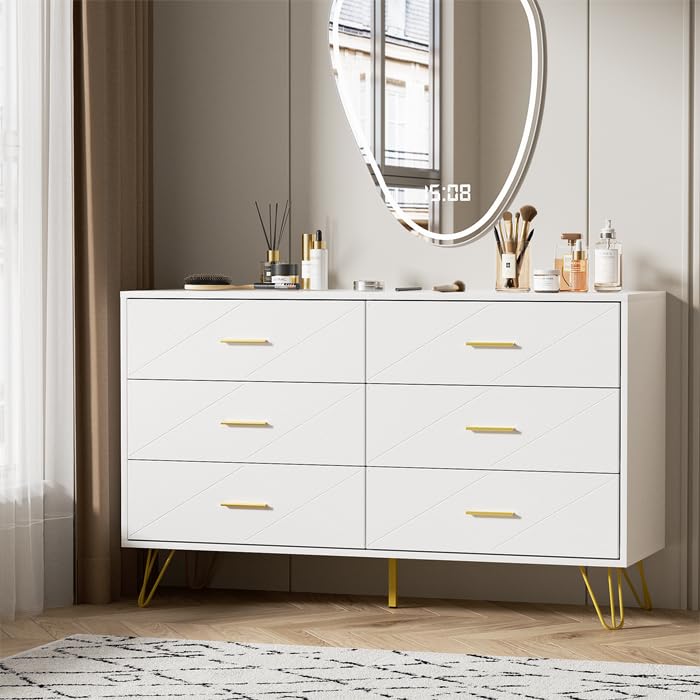 Modern White Dresser with 6 Drawers and Gold Handles for Bedroom and Living Room