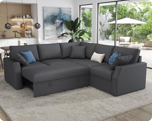 Compact 85 Inch Sofa Bed with Storage and Pull Out Bed for Apartments, Grey Linen
