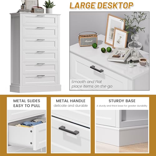 55 Inch Tall White 6 Drawer Dresser for Bedroom and Living Room