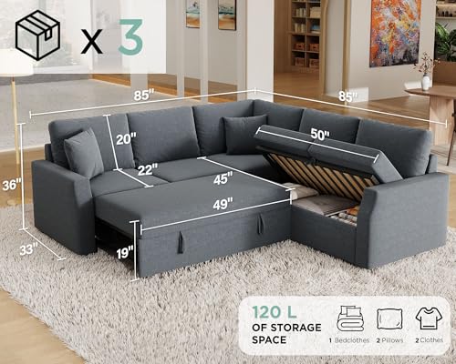 Jocisland 85-Inch Sleeper Sofa with Pull Out Bed & Storage, Grey Linen L-Shape Sectional for Living Room Apartment