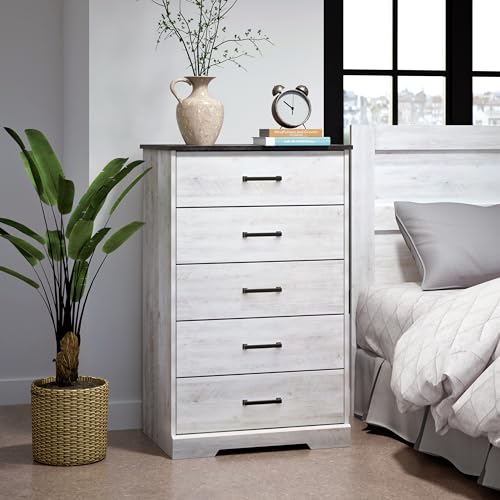 Rustic Ridge Farmhouse Dresser - White Washed Bedroom Chest of Drawers (5 Drawers)