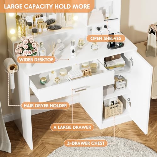 Makeup Vanity Desk with Mirror, Lights, Drawers, and Cabinet for Bedroom Dressing Room (White)