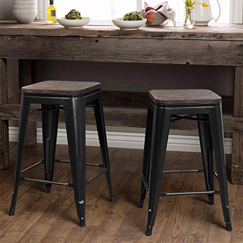 Modern Metal Bar Stools Set of 4 - Indoor/Outdoor Use (Black, 24 Inches)