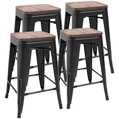 Modern Metal Bar Stools Set of 4 - Indoor/Outdoor Use (Black, 24 Inches)