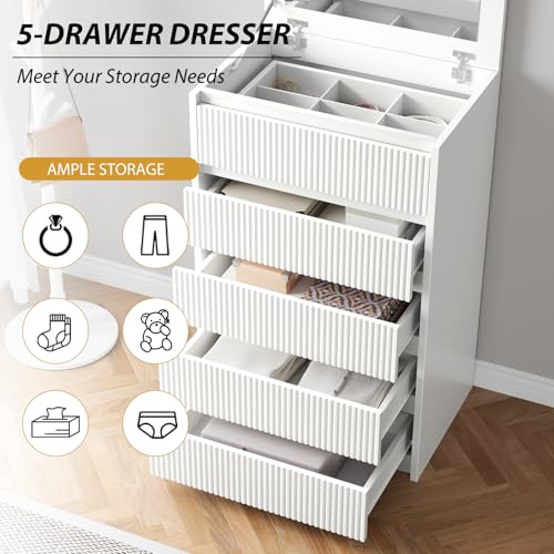 Modern 5-Drawer White Dresser with Mirror for Bedroom and Living Spaces