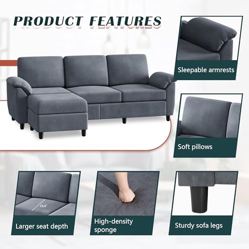 79 Convertible L Shaped Sectional Sofa with Removable Pillows, Mid Century Design for Living Room, Apartment and Office (Gray)