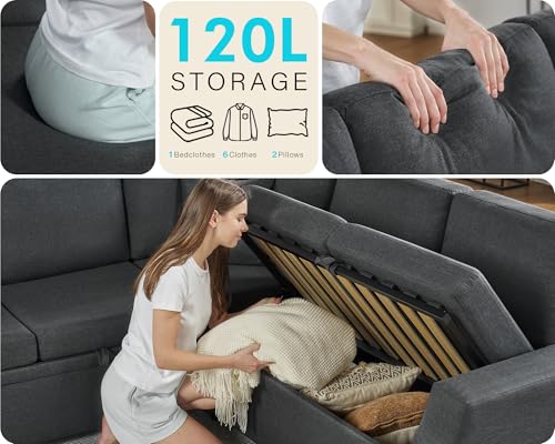 Compact 85 Inch Sofa Bed with Storage and Pull Out Bed for Apartments, Grey Linen