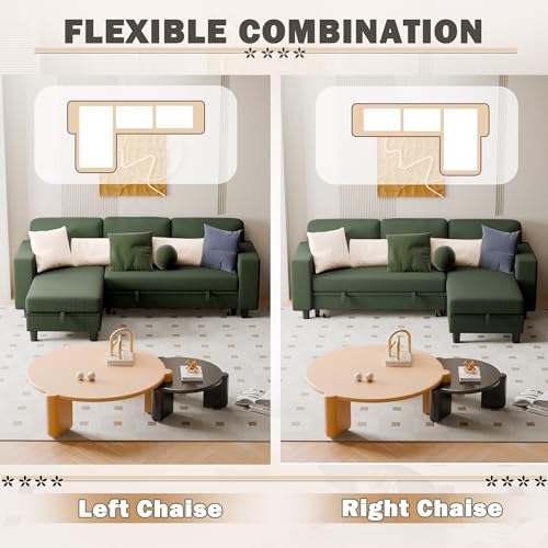 80 Sleeper Sofa Bed with Storage Chaise and USB Ports for Living Room or Apartment (Green)