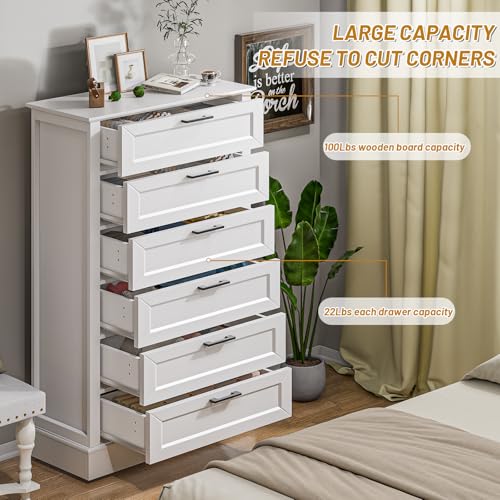 55 Inch Tall White 6 Drawer Dresser for Bedroom and Living Room