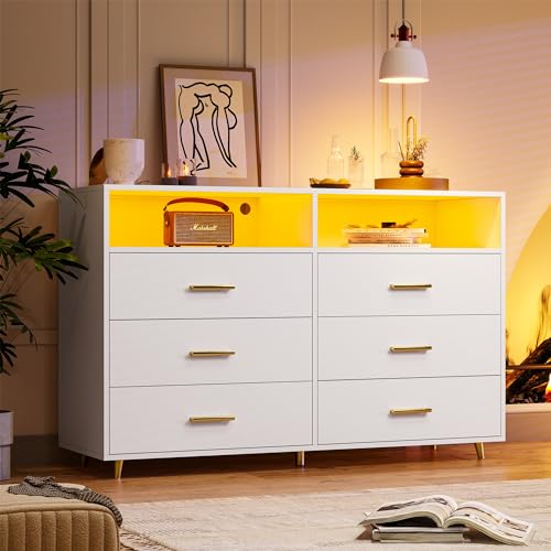 White LED Dresser for Bedroom, 6-Drawer Wood Chest of Drawers