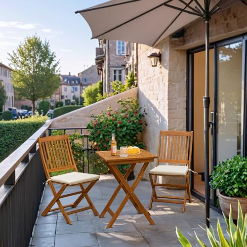 Outdoor Patio Bistro Set for Balcony or Lawn: 3 Piece Folding Acacia Wood Chairs with Cushion