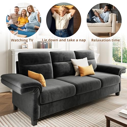 Gray Chenille 3 Seater Sofa with Adjustable Armrests - Easy Assembly