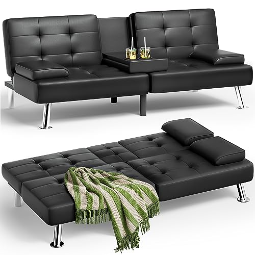 Faux Leather Futon Sofa Bed with Adjustable Sleeper for Living Room in Black
