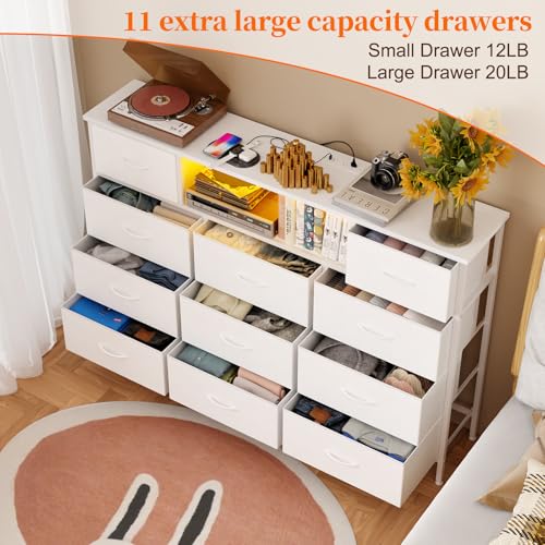 White Long Dresser with Charging Station, LED Lights, and 11 Drawers for Bedroom and Living Room