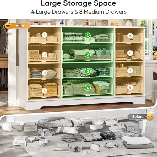 Large 12-Drawer Dresser for Bedroom Storage- Hasuit White Chest of Drawers