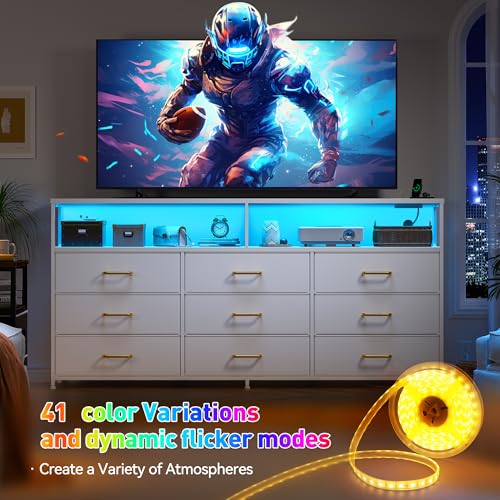 55 White Dresser with Outlet, LED Lights, and Fabric Drawers for Bedroom