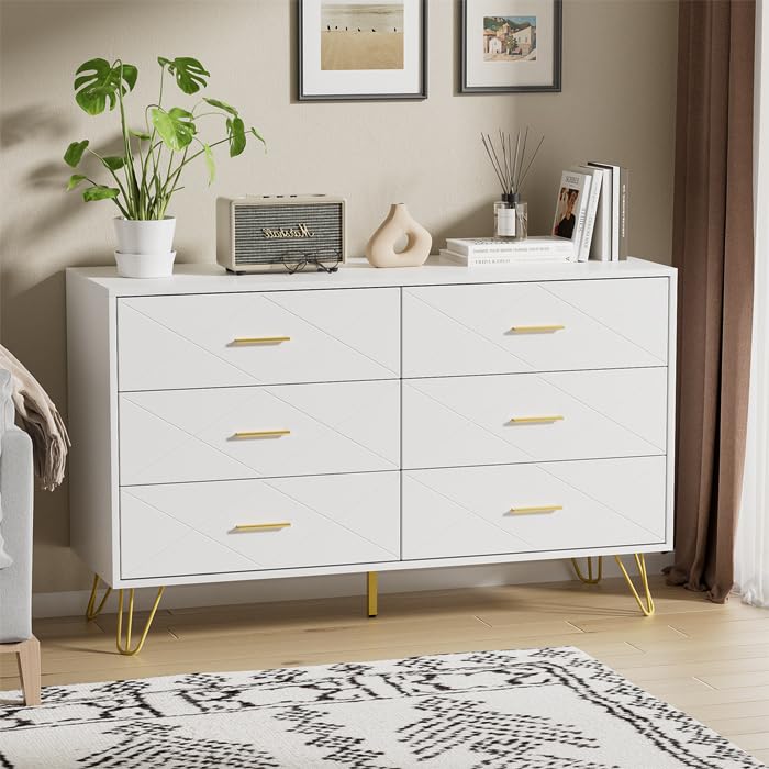 Modern White Dresser with 6 Drawers and Gold Handles for Bedroom and Living Room