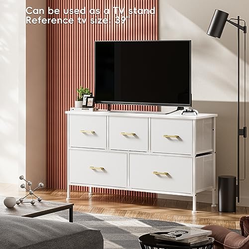 White 5-Drawer Dresser for Kids Room or TV Stand, with Fabric Drawers and Metal Handles