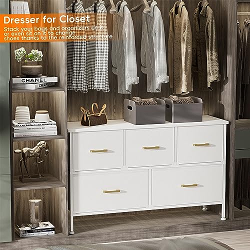 White 5-Drawer Dresser with Fabric Drawers & Metal Handles for Kids or TV Stand