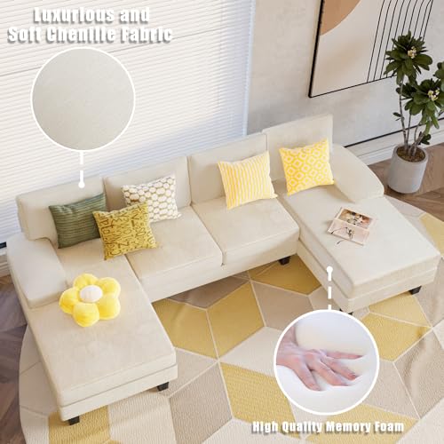 Modern U-Shaped Convertible Sectional Sofa for Living Room, Beige White