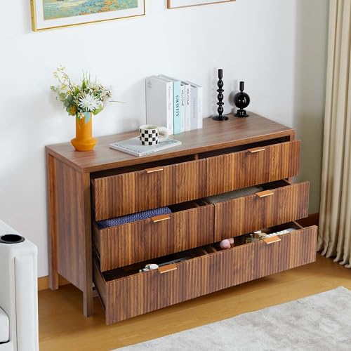 Modern 6 Drawer Double Dresser for Bedroom, Walnut