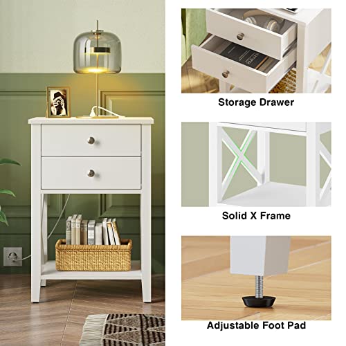 White Nightstand with Charging Station, 2 Drawers, and Power Outlets for Bedroom