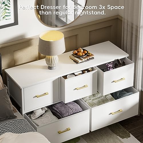 White 5-Drawer Dresser for Kids Room or TV Stand, with Fabric Drawers and Metal Handles