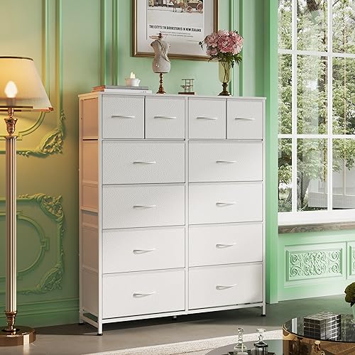 12-Drawer Fabric Tall Dresser for Bedroom Storage, White.