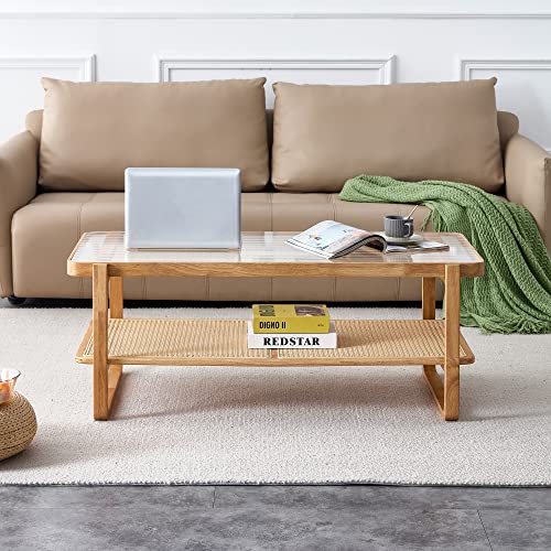 Simplified title: Modern Rattan Coffee Table with Glass Top and Shelf
