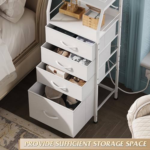 White Nightstand with Charger Station and LED Light - 4 Drawers, Bedroom Furniture