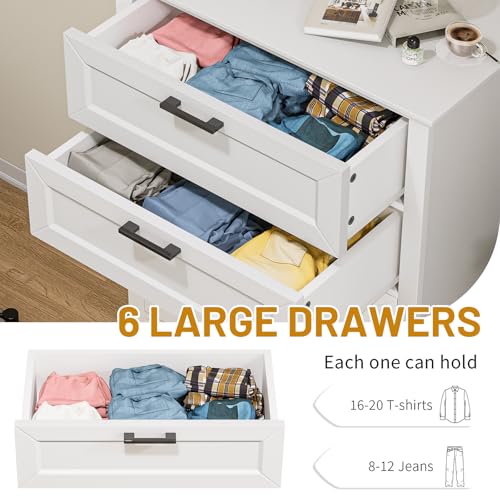 55 Inch Tall White 6 Drawer Dresser for Bedroom and Living Room