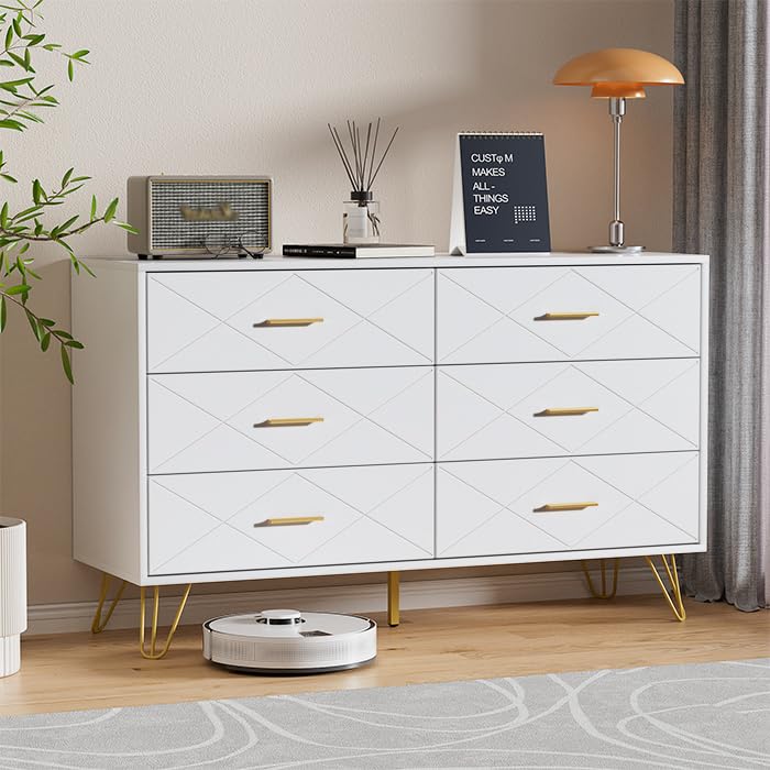 Modern White Dresser with 6 Drawers and Gold Handles for Bedroom and Living Room