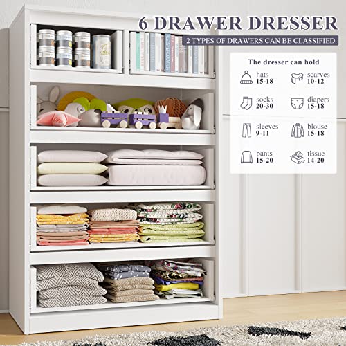 White Bedroom Dresser with 6 Large Wood Drawers