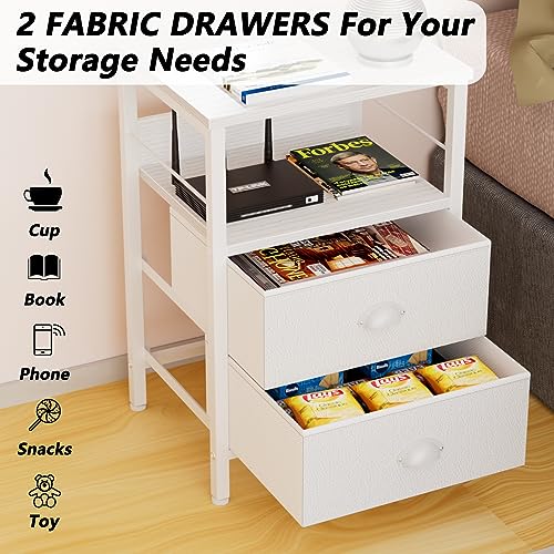 White Nightstand with Fabric Drawers and 2-Tier Shelf for Bedroom/Living Room/Hallway