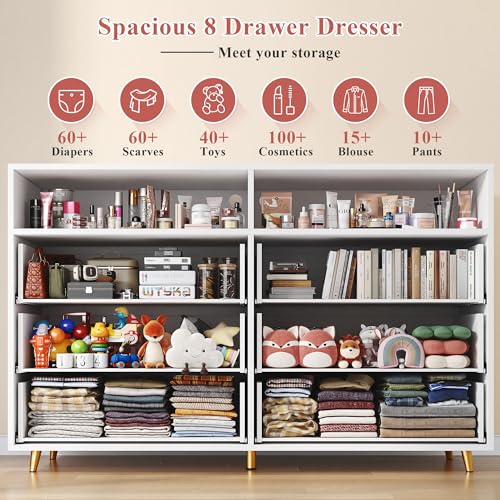 White LED Dresser for Bedroom, 6-Drawer Wood Chest of Drawers