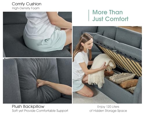 Jocisland 85-Inch Sleeper Sofa with Pull Out Bed & Storage, Grey Linen L-Shape Sectional for Living Room Apartment