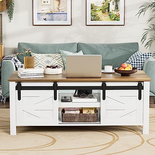 Rustic Farmhouse Coffee Table with Storage & Sliding Barn Doors